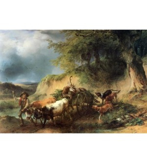 Erlegter Hirsch auf einem Ochsenkarren